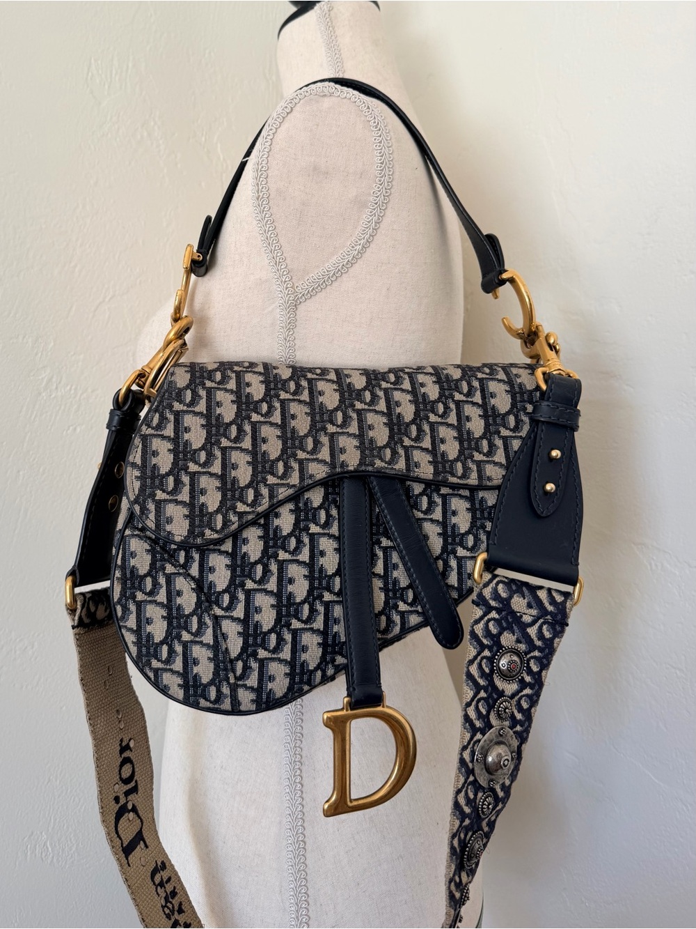 Christian Dior Medium Oblique Blue Jacquard Saddle Bag w/ Studded Strap